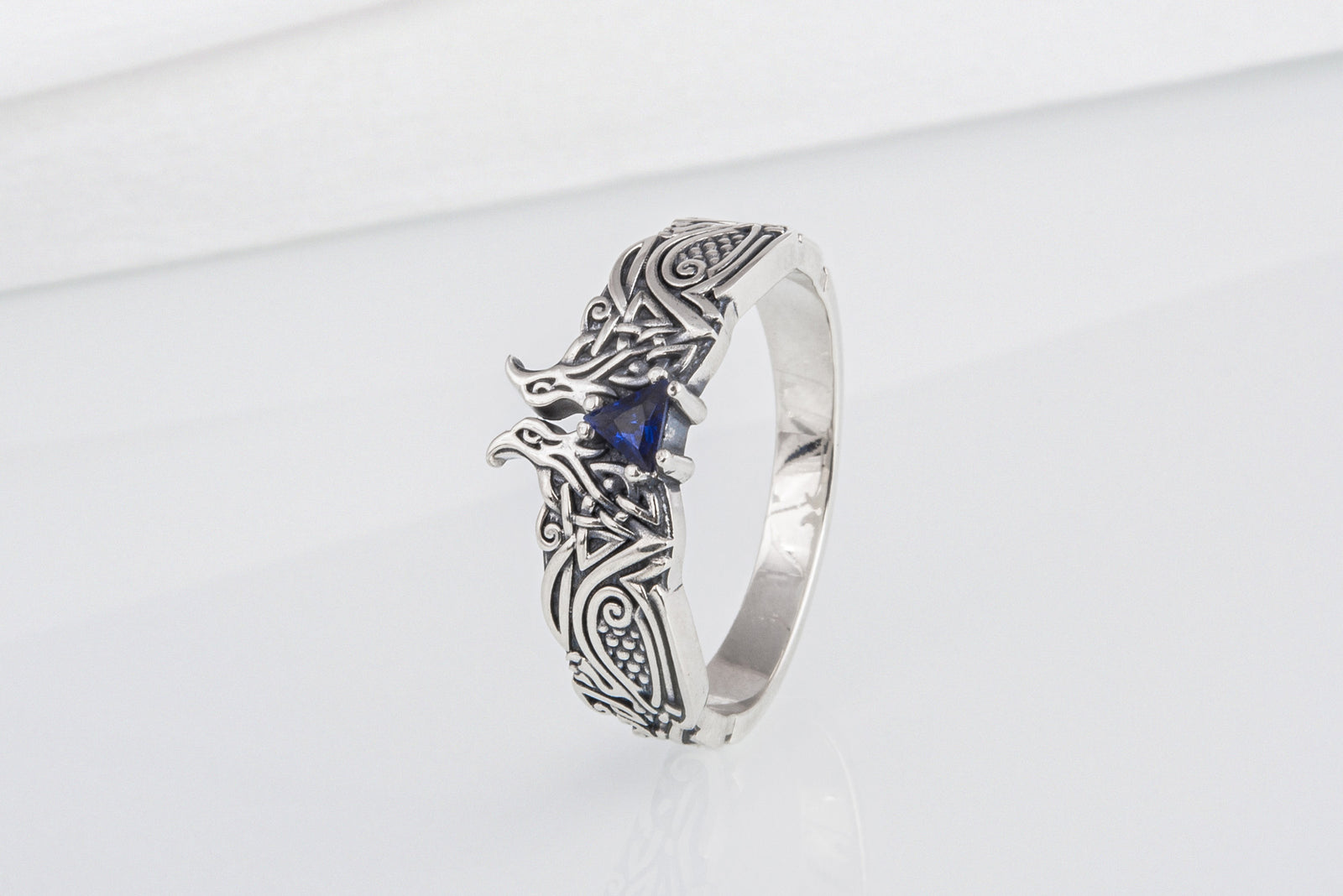 Bague Corbeaux et Ornement pierre bleue — Argent 925