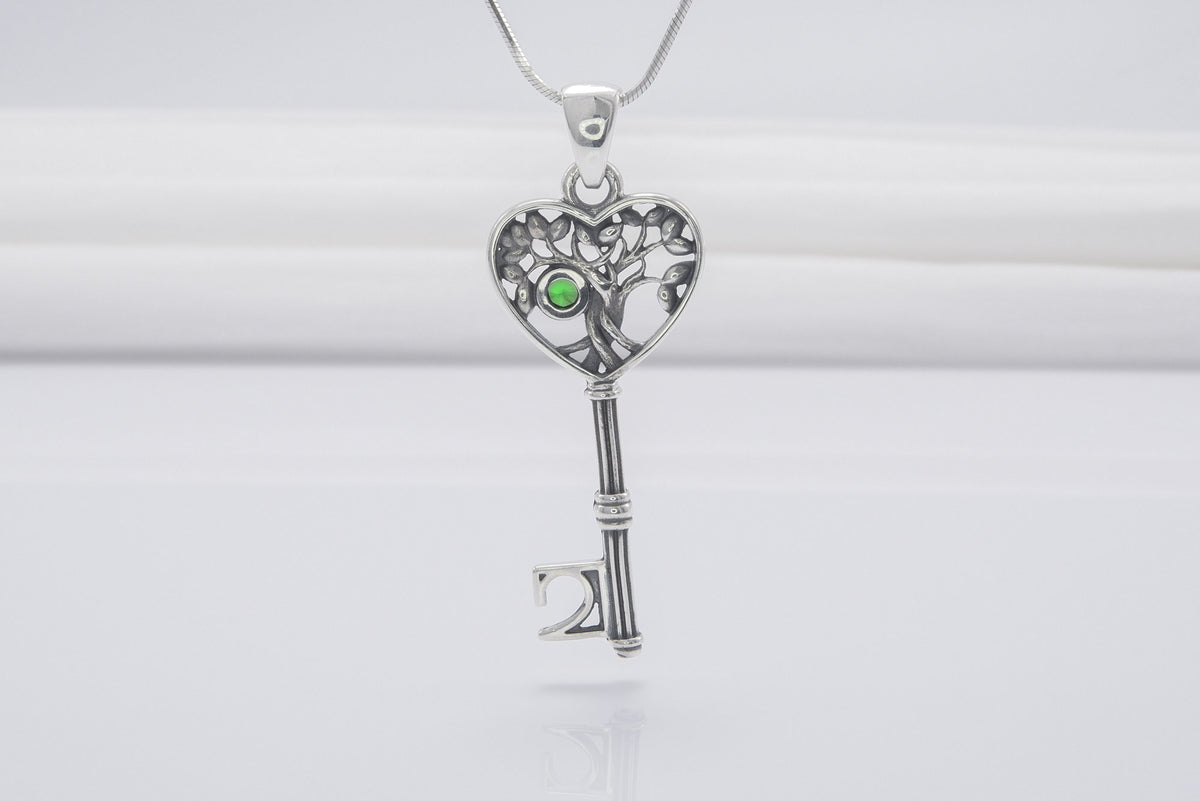 Pendentif Yggdrasil et Arbre pierre verte — Argent 925
