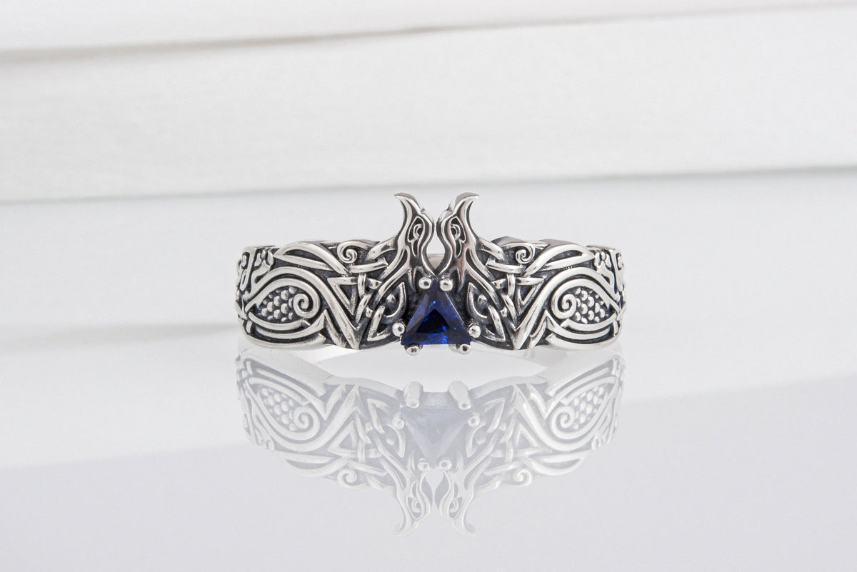 Bague Corbeaux et Ornement pierre bleue — Argent 925