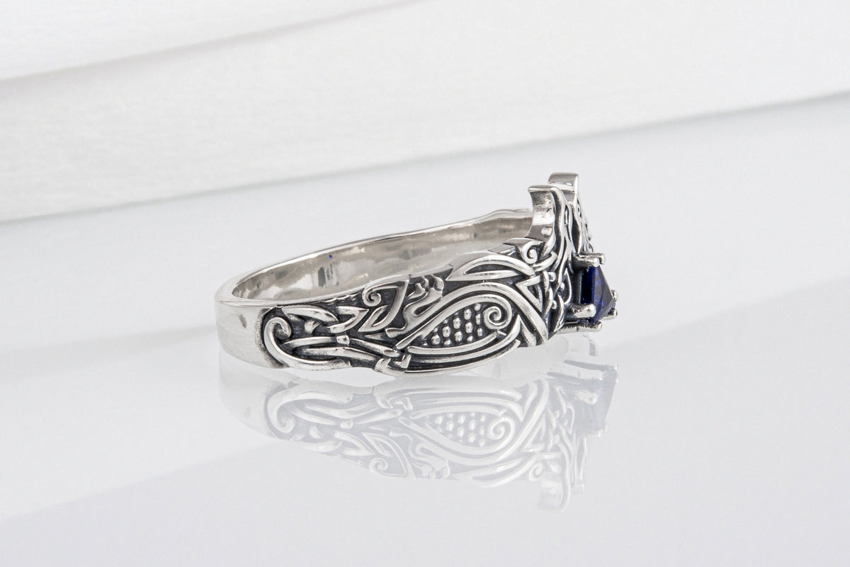 Bague Corbeaux et Ornement pierre bleue — Argent 925