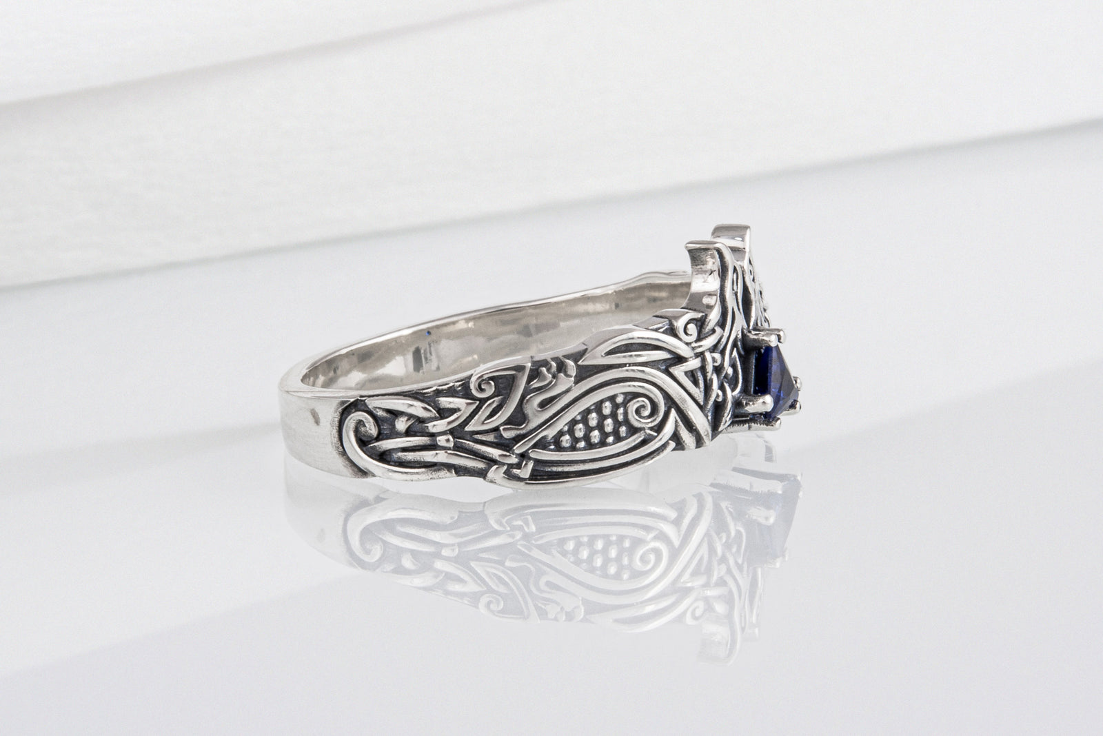 Bague Corbeaux et Ornement pierre bleue — Argent 925