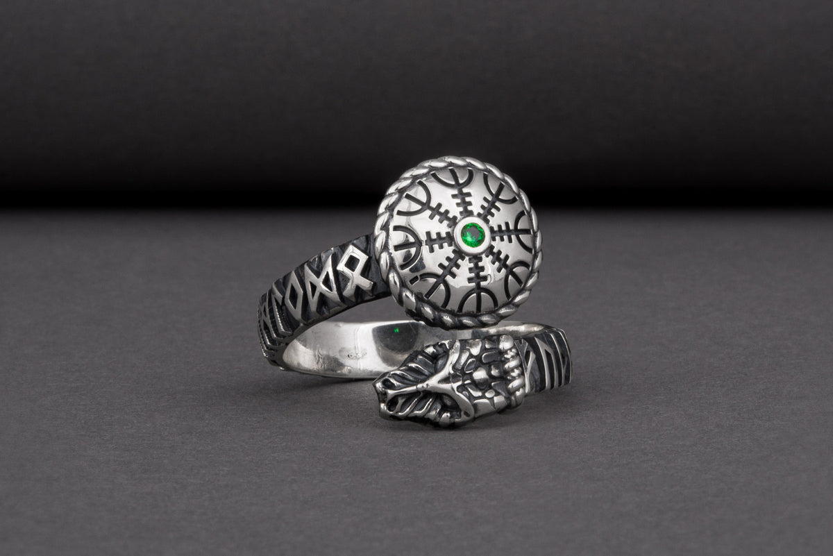 Bague Serpent et Vegvisir pierre verte — Argent 925
