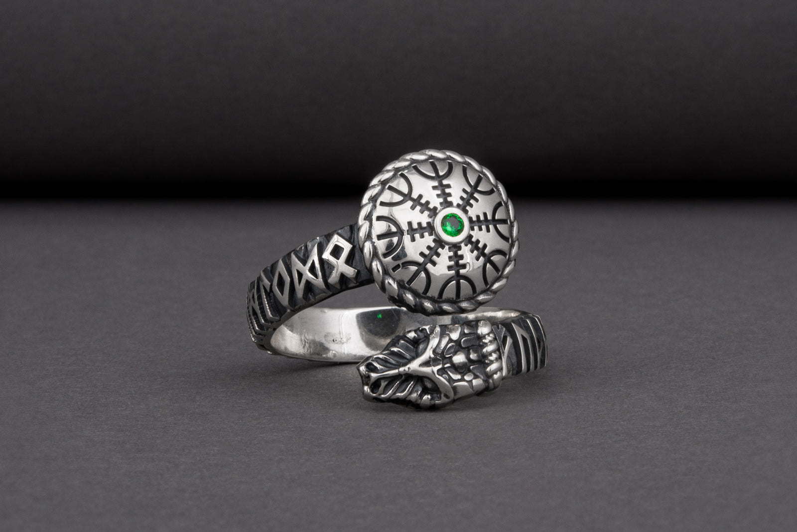 Bague Serpent et Vegvisir pierre verte — Argent 925