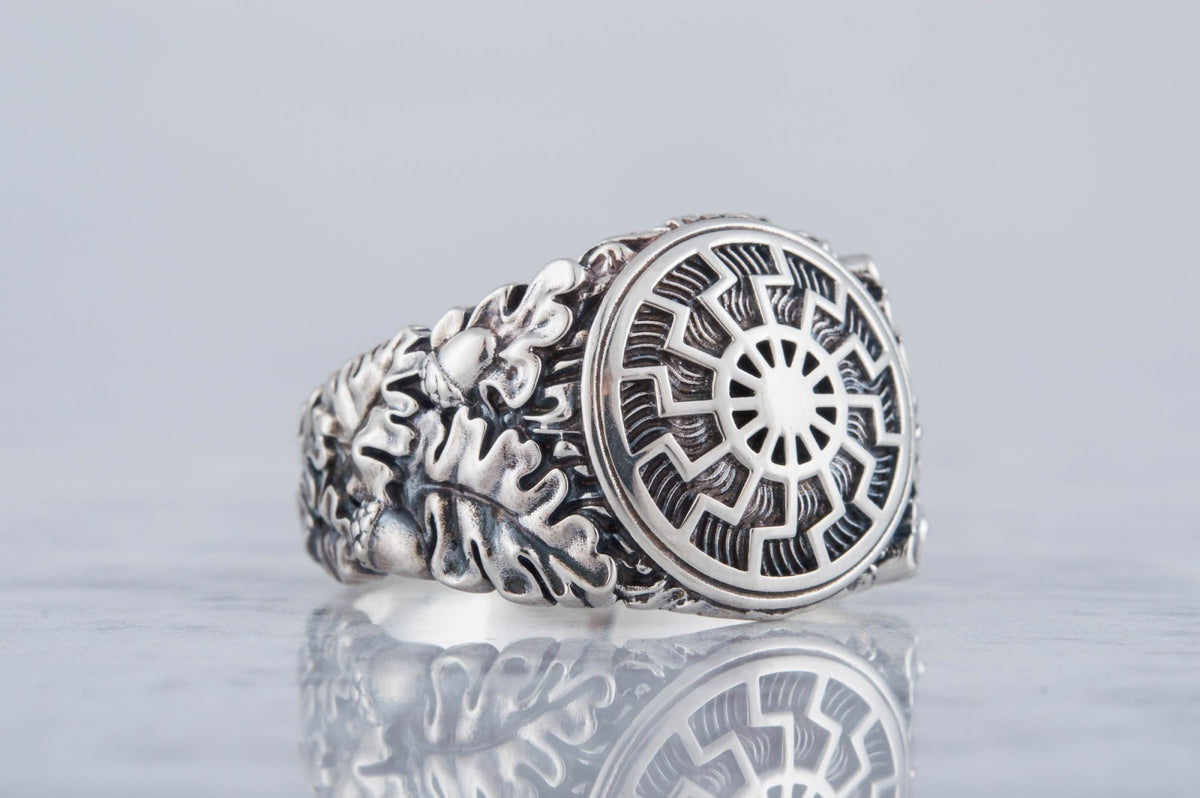 Bague Soleil Noir et Feuilles de Chêne Ivar — Argent 925