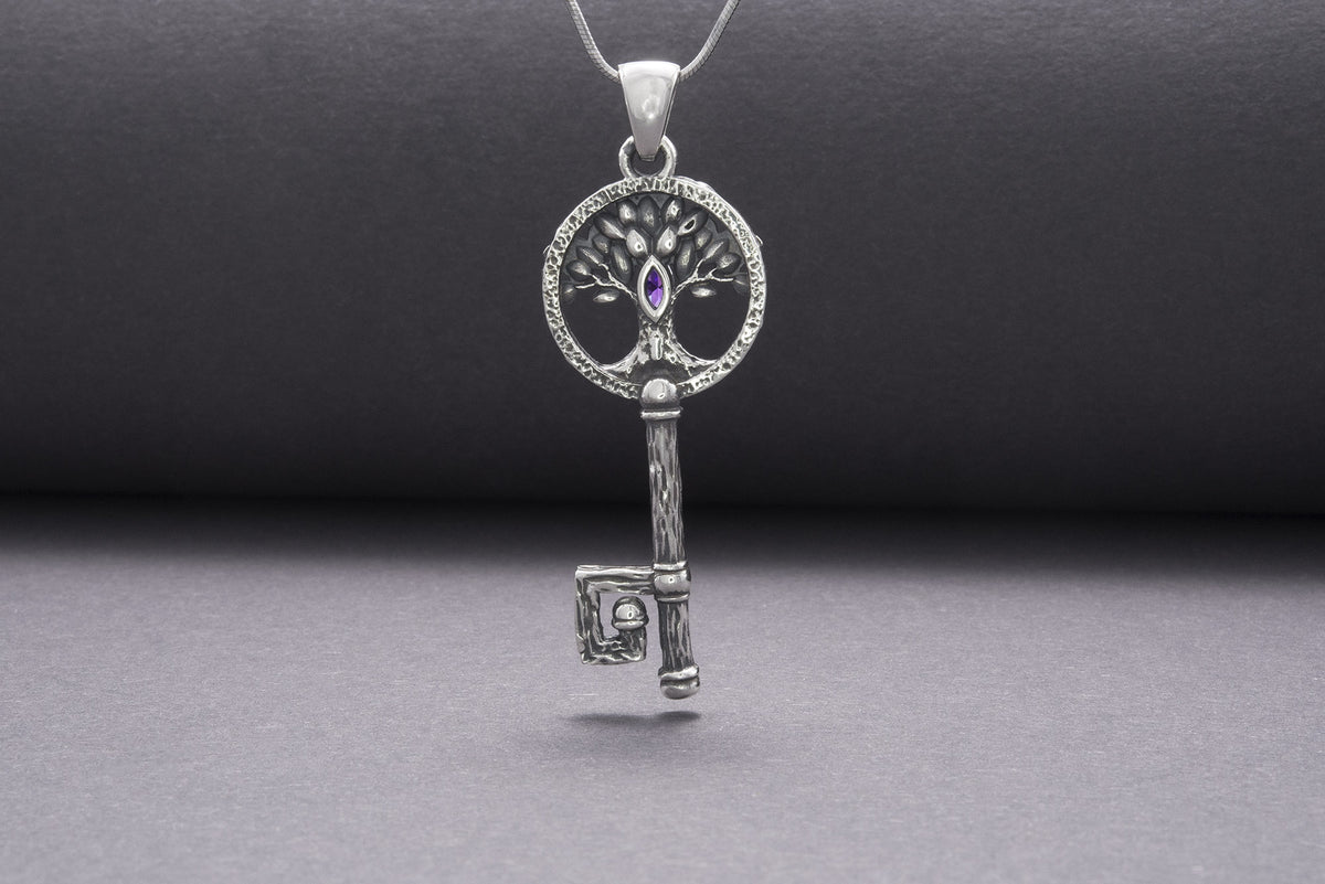 Pendentif Clé et Yggdrasil serti de pierres — Argent 925