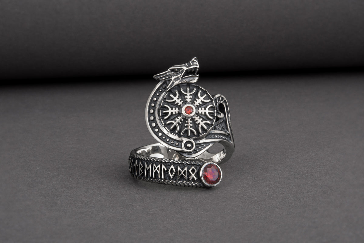 Bague Vegvisir et Loup pierre rouge — Argent 925