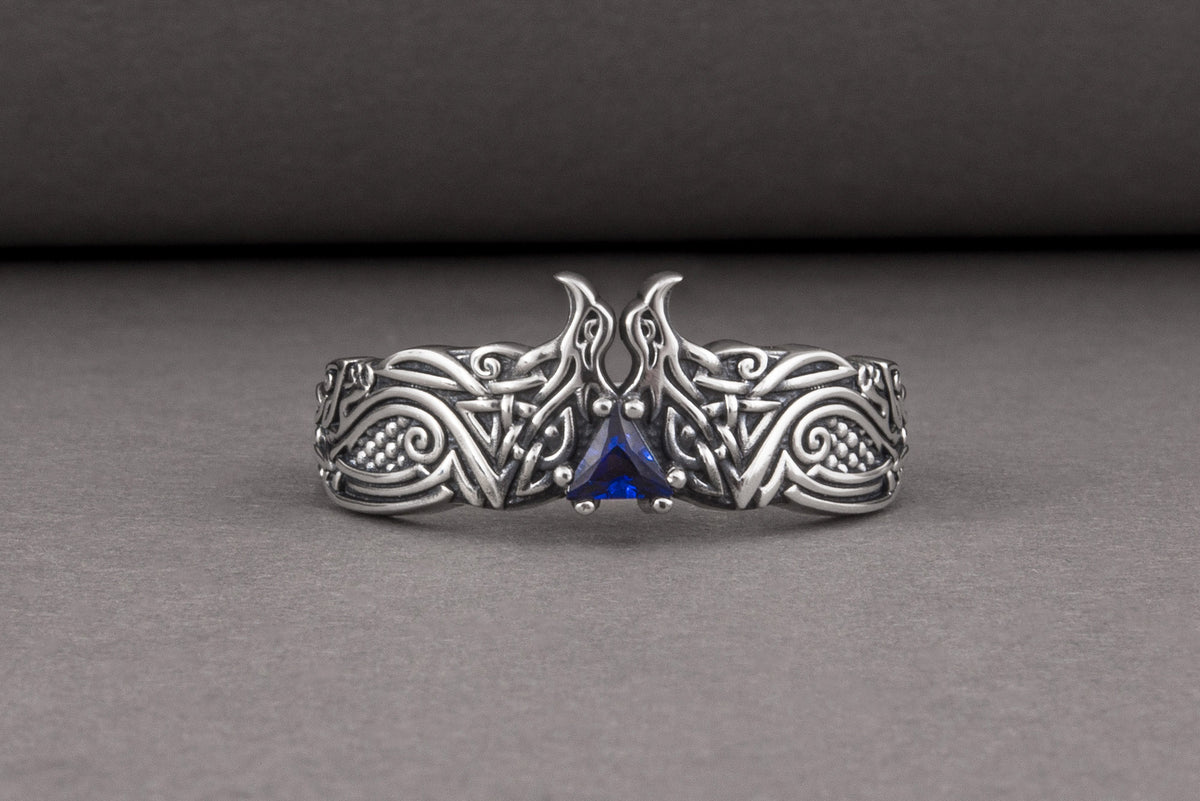 Bague Corbeaux et Ornement pierre bleue — Argent 925