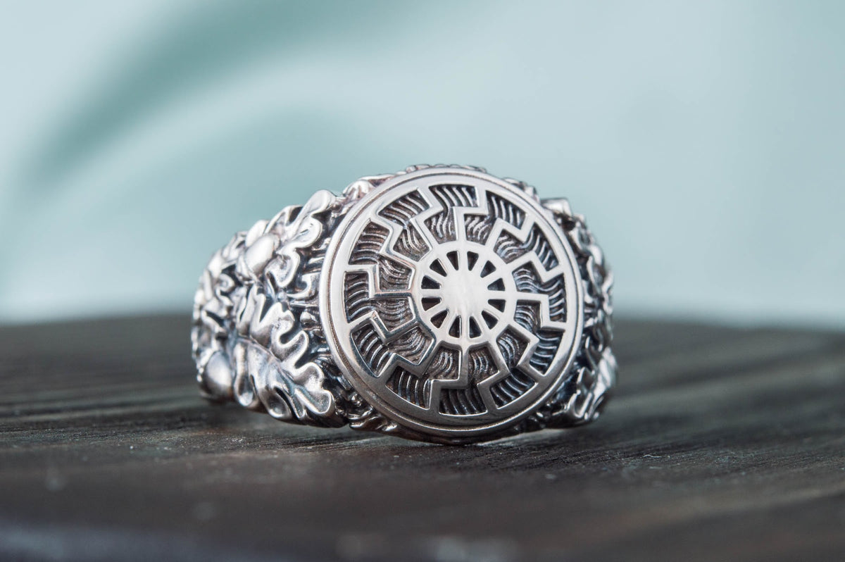 Bague Soleil Noir et Feuilles de Chêne Ivar — Argent 925