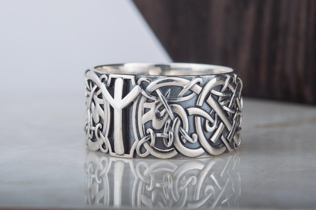 Bague Ornement et Algiz Rune — Argent 925