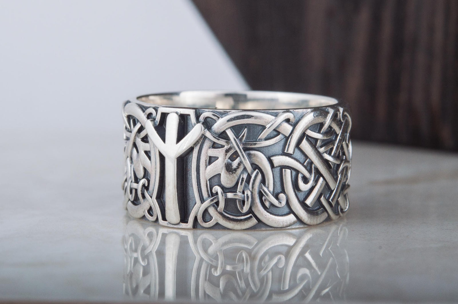 Bague Ornement et Algiz Rune — Argent 925