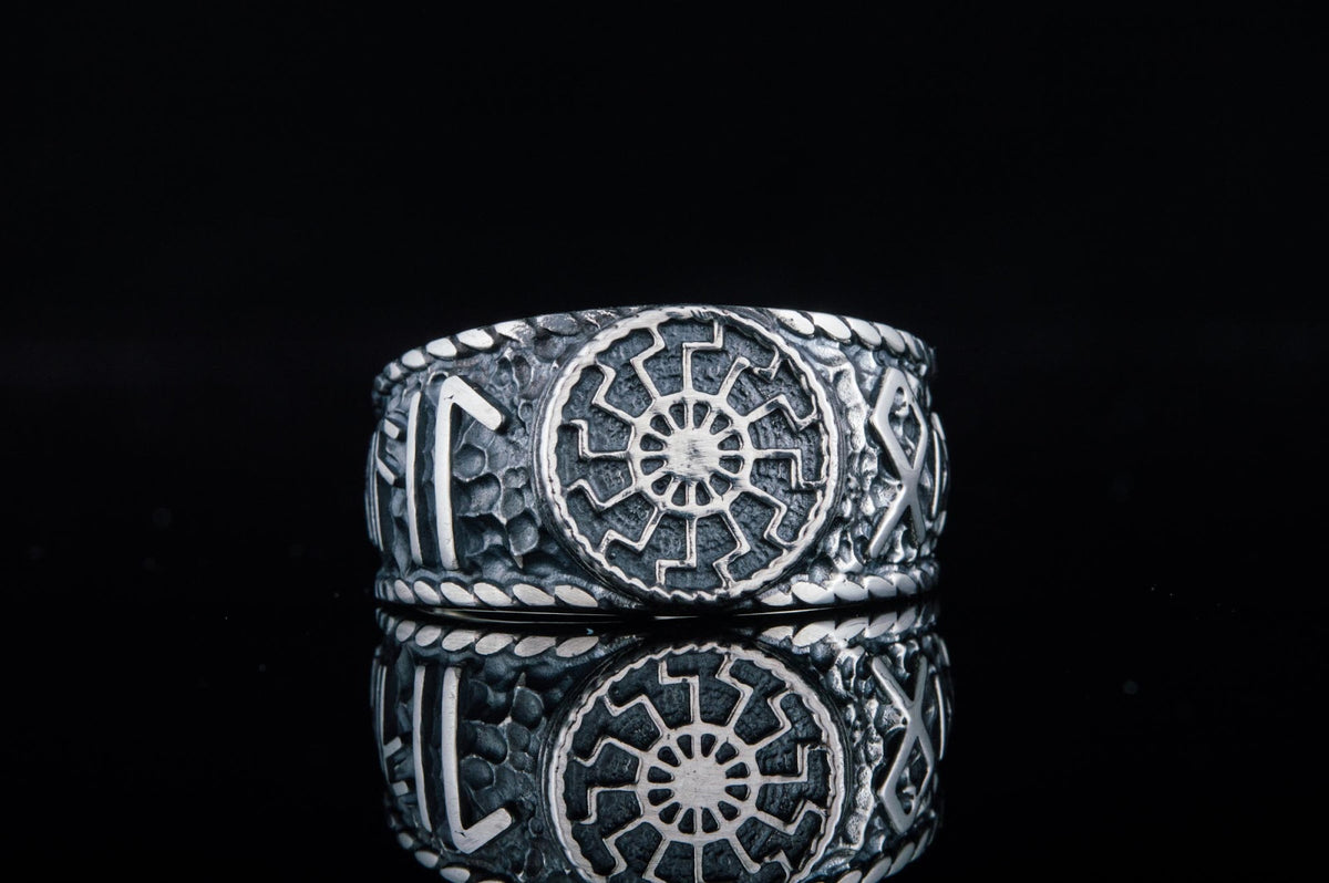 Bague Soleil Noir et Salut à Odin Runes — Argent 925