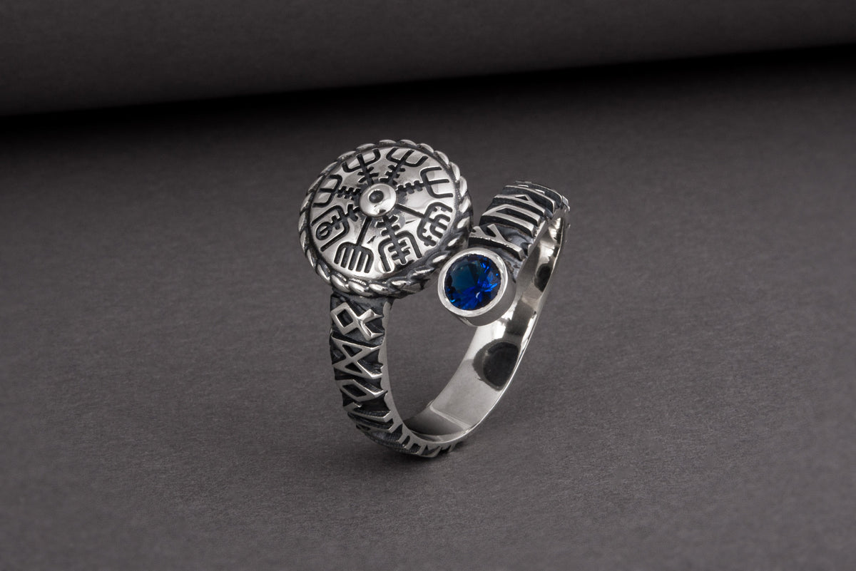 Bague Vegvisir pierre bleue — Argent 925