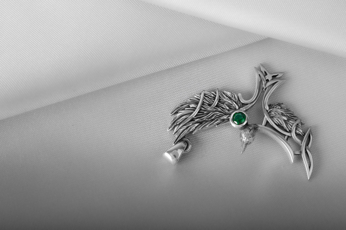 Pendentif Corbeau et Nœud Celtique pierre verte — Argent 925
