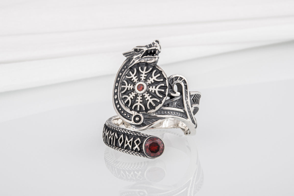 Bague Vegvisir et Loup pierre rouge — Argent 925