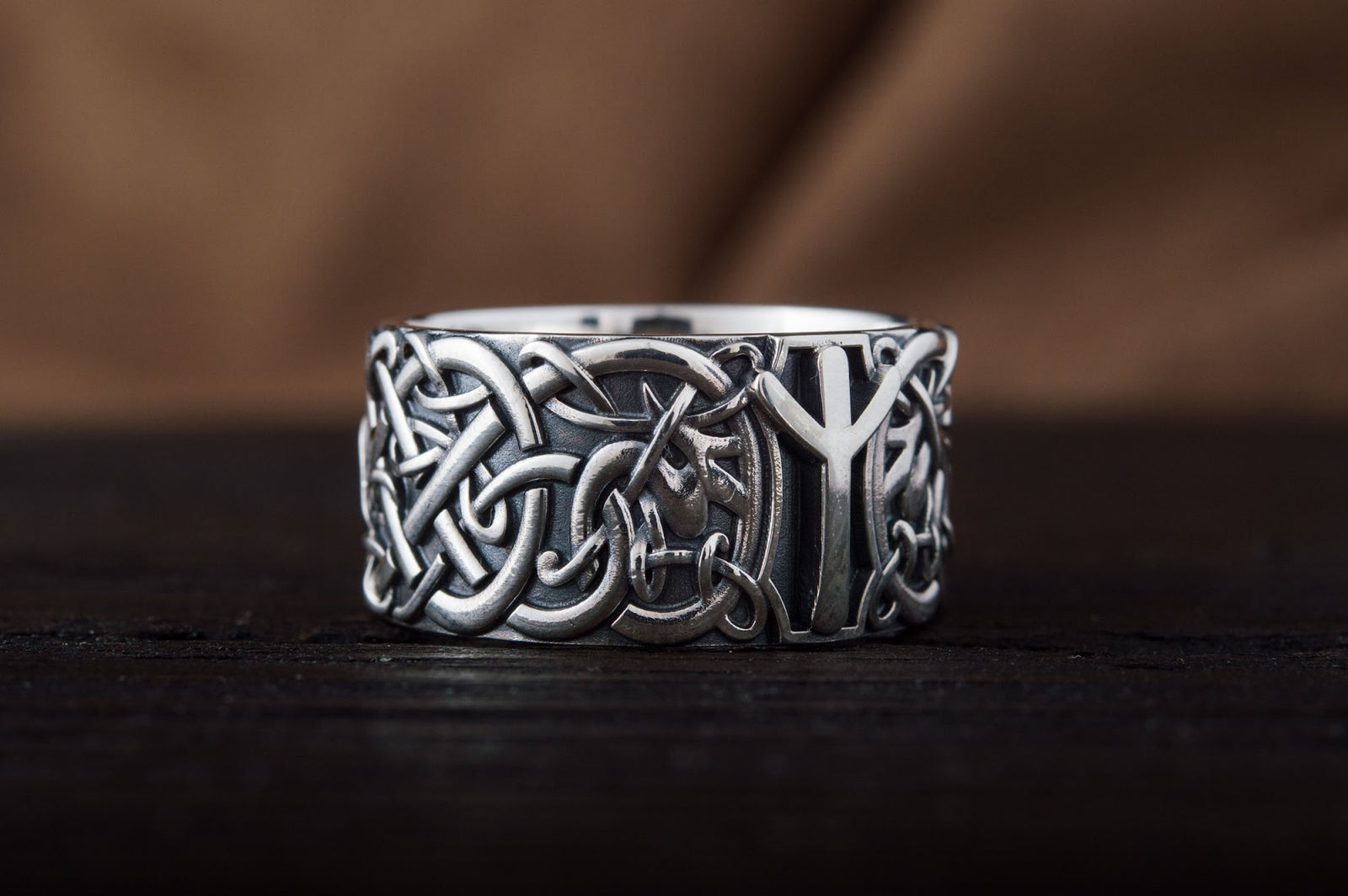 Bague Ornement et Algiz Rune — Argent 925