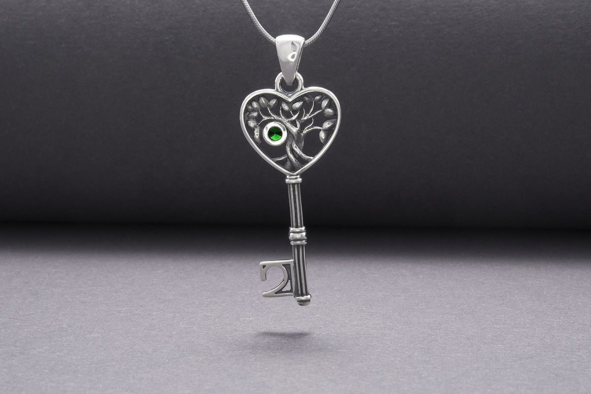 Pendentif Yggdrasil et Arbre pierre verte — Argent 925