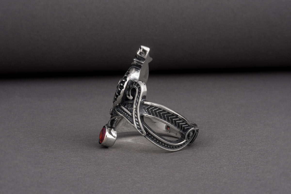Bague Vegvisir et Loup pierre rouge — Argent 925
