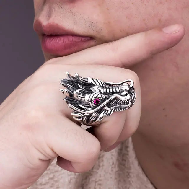 BAGUE TÊTE DE DRAGON (ARGENT) - Viking Héritage