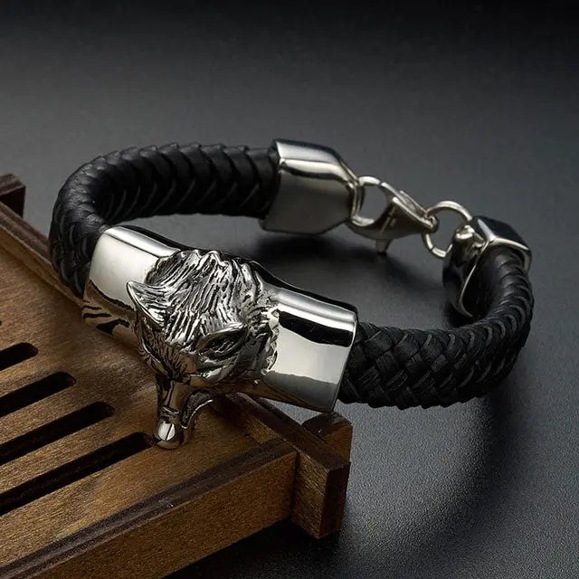 BRACELET EN CUIR TÊTE DE LOUP - Viking Héritage