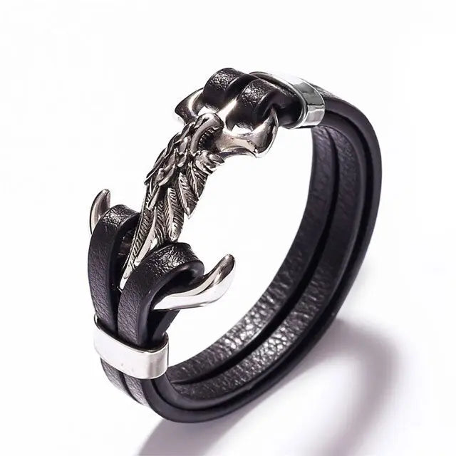 BRACELET LOUP ANCRE MARINE (CUIR) - Viking Héritage