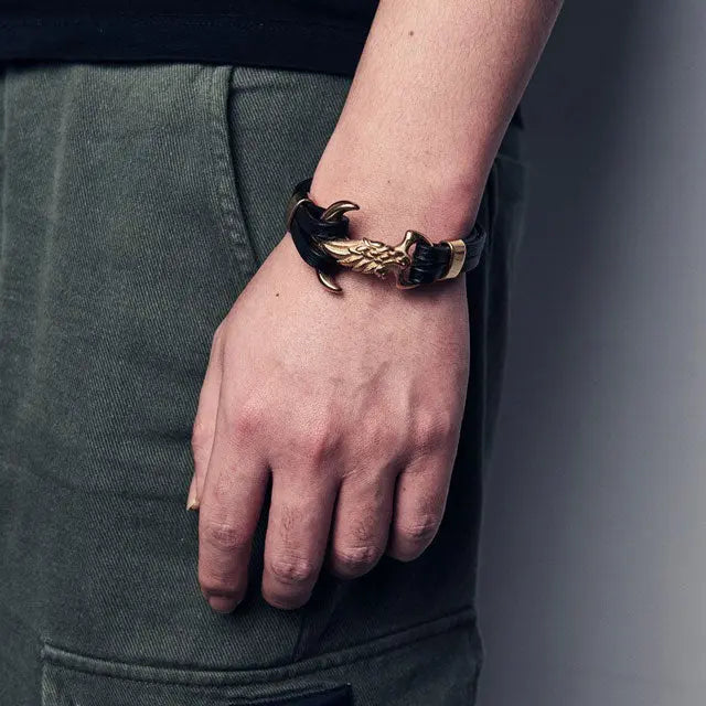 BRACELET LOUP ANCRE MARINE (CUIR) - Viking Héritage