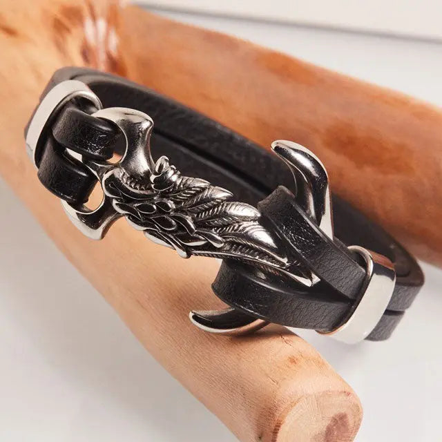 BRACELET LOUP ANCRE MARINE (CUIR) - Viking Héritage