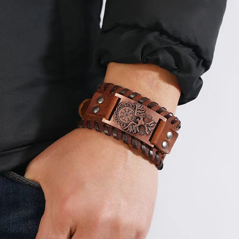 Bracelet Viking Tendance avec Boussole Runique et Oiseau Divin - Viking Héritage