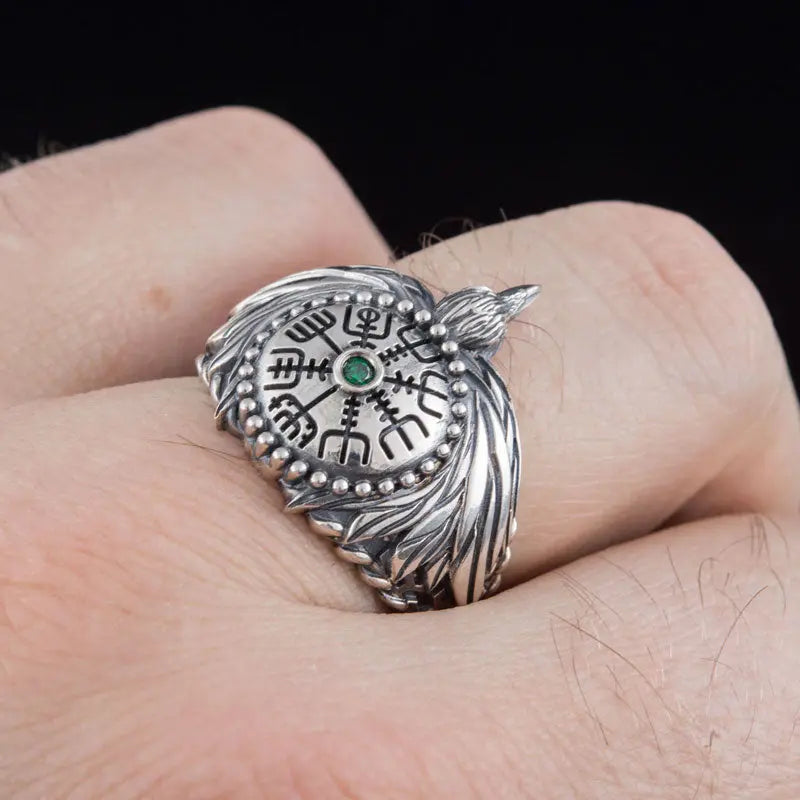 BAGUE HUGIN / VEGVISIR (ARGENT) - Viking Héritage