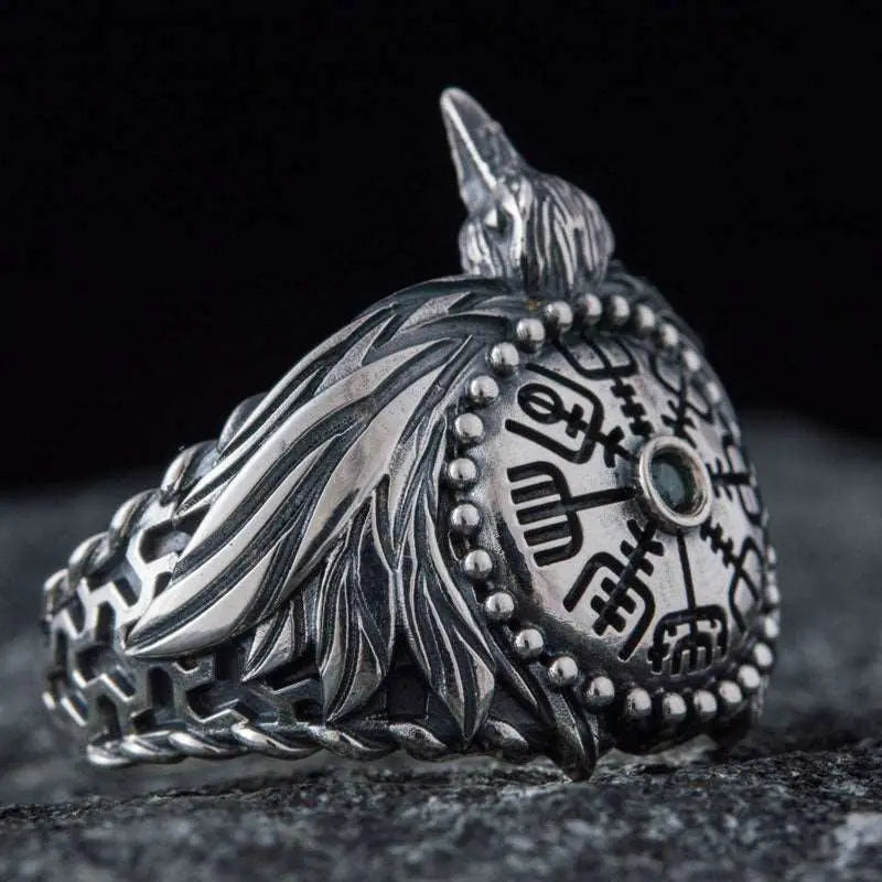 BAGUE HUGIN / VEGVISIR (ARGENT) - Viking Héritage