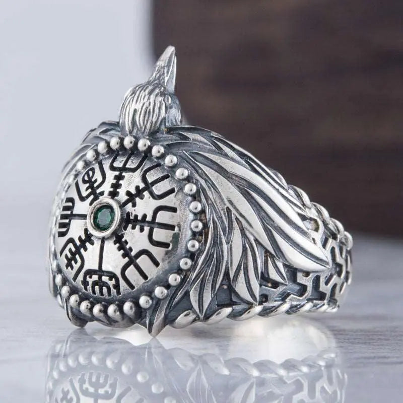 BAGUE HUGIN / VEGVISIR (ARGENT) - Viking Héritage