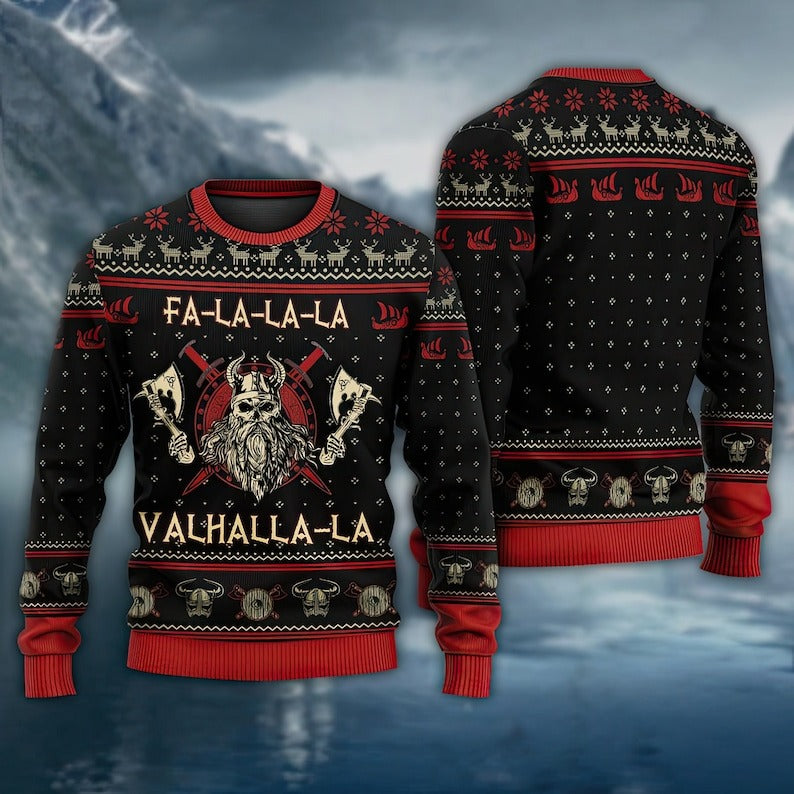 Pull De Noël Viking Valhalla – Sweat Ugly Christmas Fa La La Valhalla Père Noël Nordique
